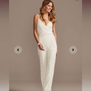 David’s Bridal White Blouson sequin beaded jumpsuit size 14